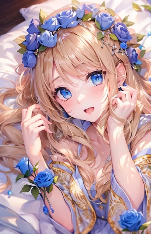 ((highest quality)), ((masterpiece)), (get used to it), perfect face , beautiful girl , long hair of beautiful golden color , beautiful blue eyes , In underwear ,  Blue roses scattered , lie on the bed ,