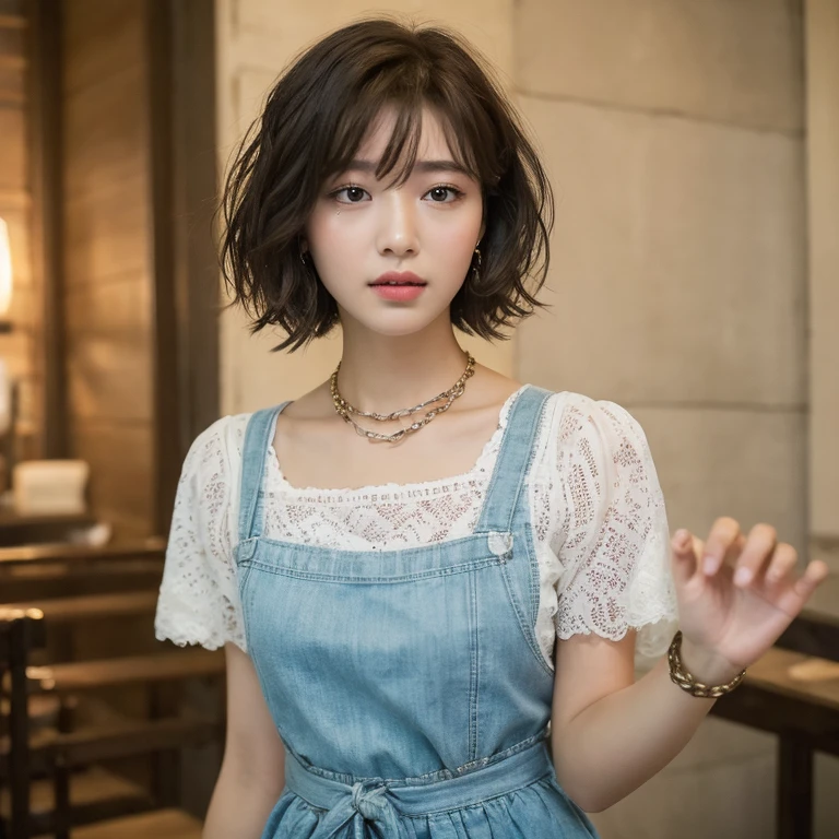 ((Best quality, 8K, Masterpiece :1.3)), A 20-year-old beautiful woman with fair skin, shackled: 1.2, Slim figure: 1.2, Detailed facial and skin texture, Expressive eyes: 1.2, White blouse: 1.1, Plain apron: 1.1, Worn-out shorts: 1.1, Short curly hair: 1.1, Lips slightly parted: 1.1, Chains attached to the shackles: 1.1, Depth of field: 1.5.