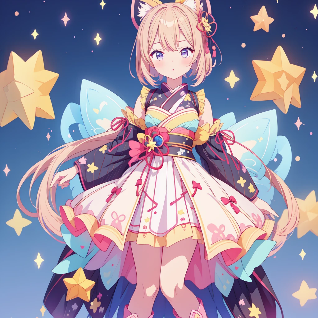 1girl、vtuber-fullbody、Star Fairy、masterpiece、official art、Super detailed、super beautiful、かわいいStar Fairy、white straight short hair、Milky Way、universe、star charm、Star、baby face、Knee-high boots、Japanese pattern dress、A remake of a black and navy yukata、universeを思わせるOiranフリルドレス、Oiran