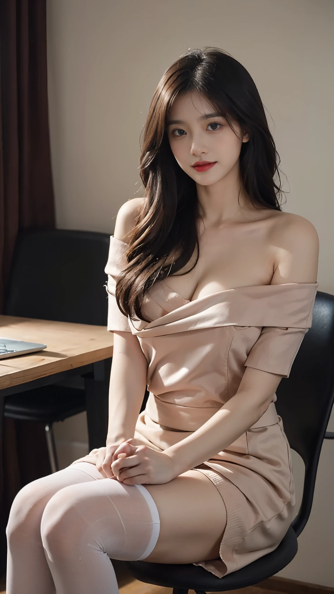 A perfect young female white-collar worker,Chinese big breasts,High picture quality,Works of masters,Black hair,Long hair shawl,Long hair flowing over the shoulders,Beach wave hairstyle,cropped shoulders,clavicle,exquisite face,Hydrated red lips,((Wear colorful and stylish summer sailor suits))(red colour,blue colors,green color,Violet-orange,In pink,amarelo,Printed clothing),Kurfo,,Colorful pleated skirt,Shadow lace skirt,Sparkling gemstone dress,Lightning astral dress,lumnious,white stockings,Lace material,Silk clothing,Real Human,(White interior wall background:1.5),CG rendering,16k,sitting at the table,Holding a laptop in hand,hand typing on laptop keyboard,look ahead,blurred background, (full body shot), Shooting from a distance,eyes look straight into the lens,smiles,Empty interior,Do not show your hands,Close-up shot
