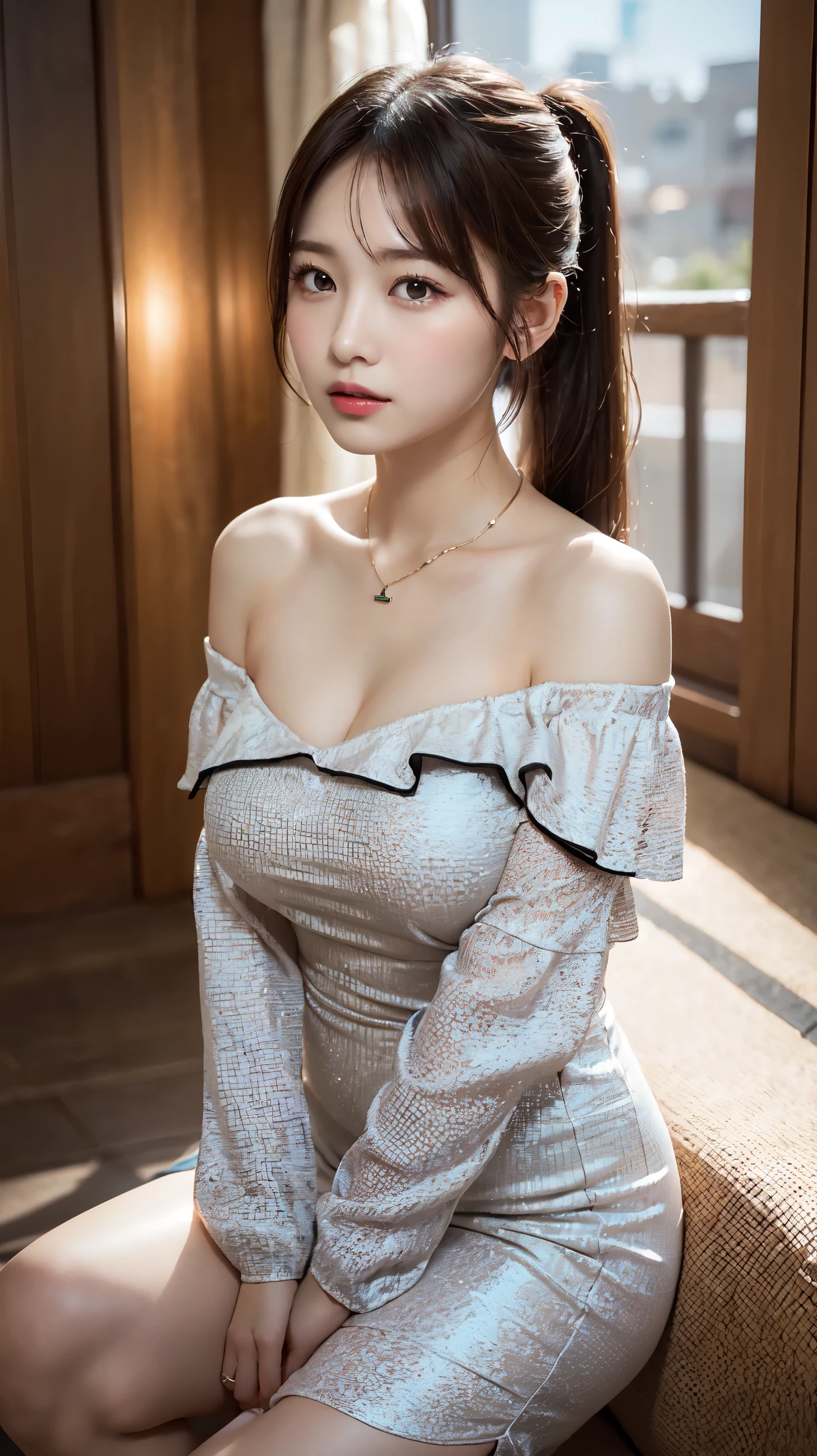 body、Full body Esbian、Slouching、Very small waist、(very big breasts:1.3)、ponytail、plump thighs、natural skin、Extra-fine face、 extra thin hands, Very thin fingers, Best ratio、surreal, ((cute dress、Exposing too much skin、off shoulder、The length is short and the thighs are visible))、cheeks turn red、body covered in 、Cross Necklace、((18 year old female:1.ung adorable japanese face, official art,Highly detailed CG Unity 8K wallpaper,(masterpiece:1.0),(highest quality:1.0), 超A high resolution,4k,Super detailed, photo shoot, 8K, nffsw, High resolution, kodak portrait 400, film grain, lens flare glow,高いest quality,8K,nffsw:1.2),portrait shot,8K、View viewer
