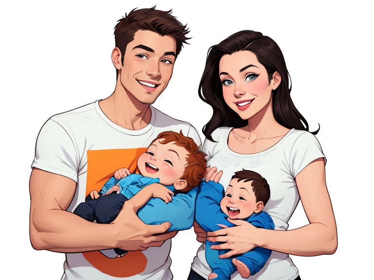 Happy man and woman couple with their baby son with beautiful smile Cartoon style digital illustration white background