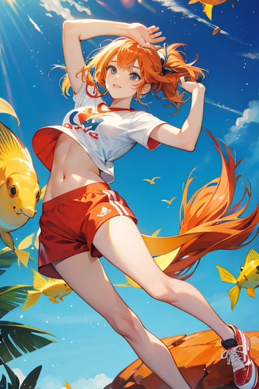 She is a light yellow fish with orange fins and orange hair. She wears a Aerobics red and white striped shirt, red shorts, and red and white shoes. SPARKLE; GLITTER