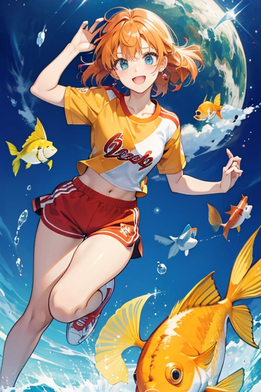 She is a light yellow fish with orange fins and orange hair. She wears a Aerobics red and white striped shirt, red shorts, and red and white shoes. SPARKLE; GLITTER