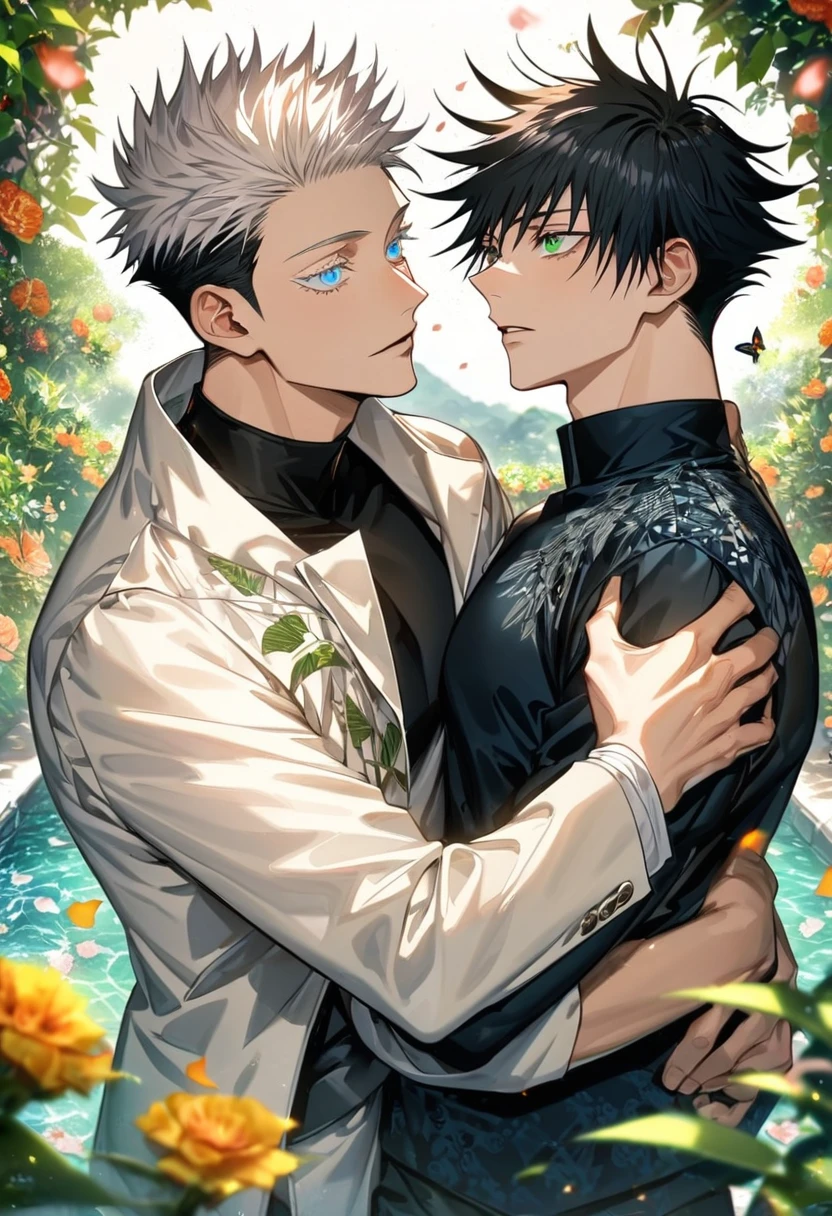 Ultra detailed, highres, absurdres, HDR, Fushiguro Megumi, black hair, green eyes, Gojou Satoru, white hair with bangs, blue eyes, white eyelashes, white long jacket with patterns, black shirt, Jujutsu Kaisen, green leaves, flowers and petals, summer, 2 men together, gay couple, carrying a , handsome, butterflies