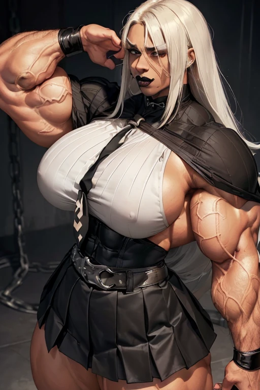 (((((Massive, tall, beautiful, buff, light brown skinned muscular with white hair, black lipstick, ginormous bulky muscles, wearing a black tied blouse with pleated skirt and tie))))), close view, (black lipstick), massive muscle, massive biceps, hyper muscle shoulders, (ginormous muscle arms), hyper muscle triceps, (long hair), blue eyes, choker, (chain belt), black boots,  uniform, (fingerless gloves), (standing in a dark school), sensual glare, night, hyper vascular arm, hyper muscles arms, hyper muscle legs, (ginormous arms).