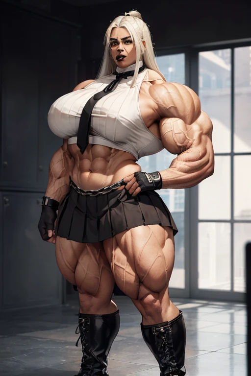 (((((Massive, tall, beautiful, buff, light brown skinned muscular with white hair, black lipstick, ginormous bulky muscles, wearing a black tied blouse with pleated skirt and tie))))), close view, (black lipstick), massive muscle, massive biceps, hyper muscle shoulders, (ginormous muscle arms), hyper muscle triceps, (long hair), blue eyes, choker, (chain belt), black boots, uniform, (fingerless gloves), (standing in a dark school), sensual glare, night, hyper vascular arm, hyper muscles arms, hyper muscle legs, (ginormous arms).