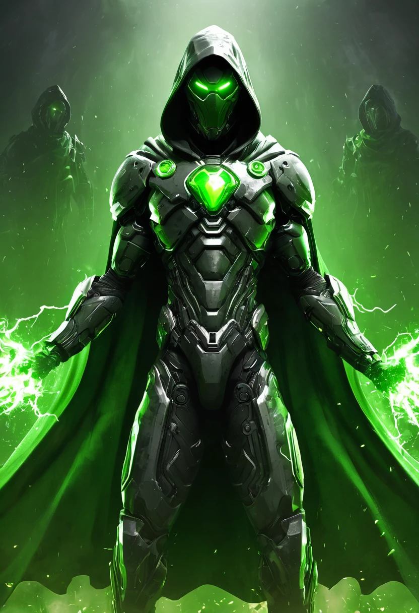 (artwork, best quality: 4K) infamous Doom, gray, lights, green, cape, green, hooded, (fanart design), raised hands, x-shape.