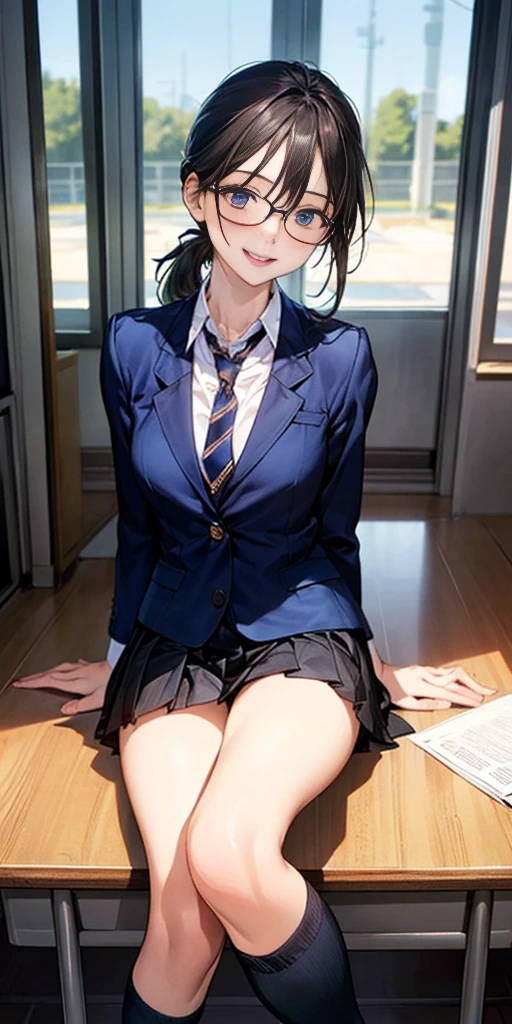 (masterpiece:1.2, top-quality), (realistic, photorealistic:1.4), beautiful illustration, NSFW,
looking at viewer, cowboy shot, front view:0.8,
1 girl, japanese, high school girl, black hair, (middle hair:1.4, low ponytail:1.2), bangs, hair between eye, blue eyes, large breasts:1.0, black-rimmed glasses, (thick thighs),
beautiful hair, beautiful face, beautiful detailed eyes, beautiful clavicle, beautiful body, beautiful chest, beautiful thigh, beautiful legs, beautiful fingers,
(beautiful scenery), dawn, bright and refreshing classroom, desks, chairs, curtains,
((dark blue blazer, dark blue pleated miniskirt, socks, private school uniform:1.2, russet necktie)), white panties,
(swollen), ((seductive posture: 1.2, attractiveness: 1.2)), (idle),
(erotic,sexy, upper eyes, smiling smile: 1.2), shiny skin, open mouth,
perfect face, cute and symmetrical face, natural side lighting, movie lighting),