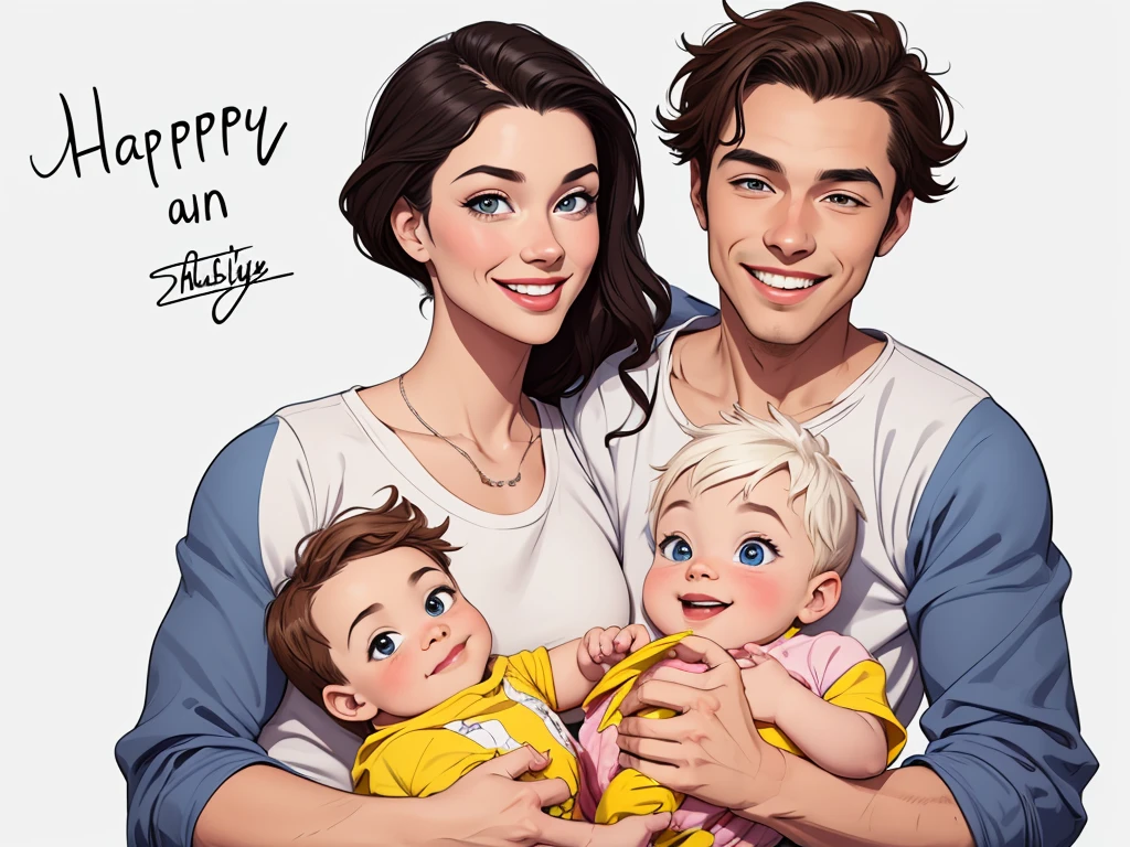 Happy man and woman couple with their  son with beautiful smile Cartoon style digital illustration white background 