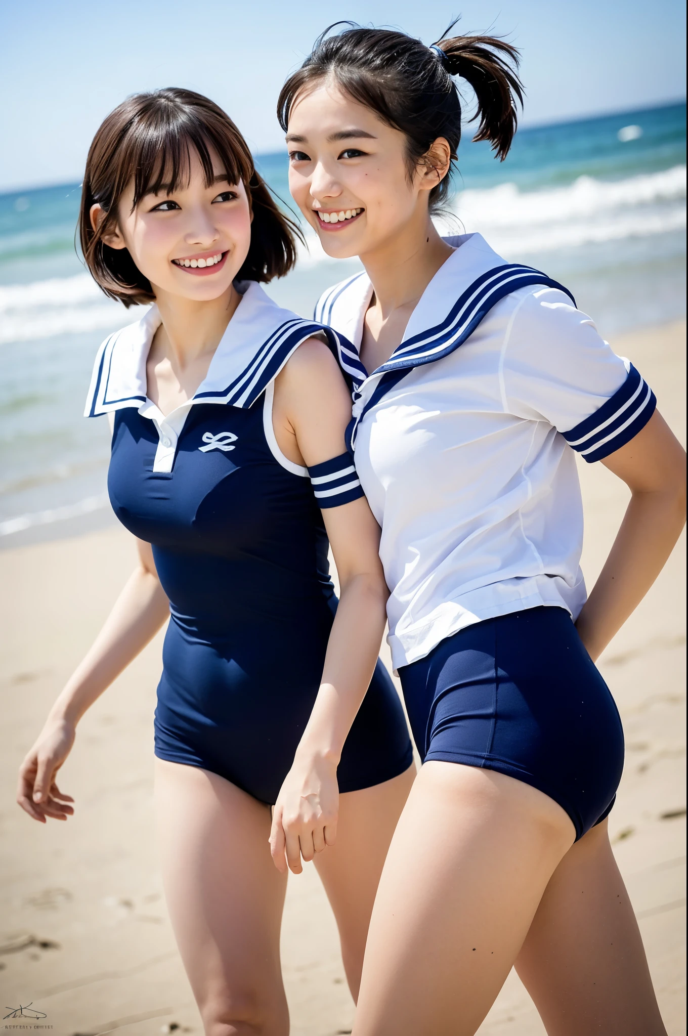 2 girls walking in beach,cumulonimbus cloud in summer sky,white swimsuit with sailor collar,18-year-old,bangs,a little smile,thighs,knees,short hair with low pigtails bunches,from below,front light