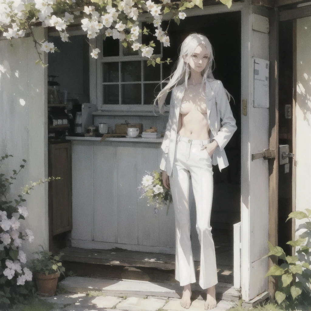 Exquisite slender tender girl of 20 years old with a perfect gentle face with white straight hair with lilac eyes in the rays of the rising sun, naked with tender breasts, barefoot (in white trousers and a white jacket) (in round glasses) drinking on the veranda in the garden (Coffee) and looks at the flowers, in watercolor style, discreet light shades, Flares, imitation of film photography, against the sun, a lot of sun glare, light fills the frame