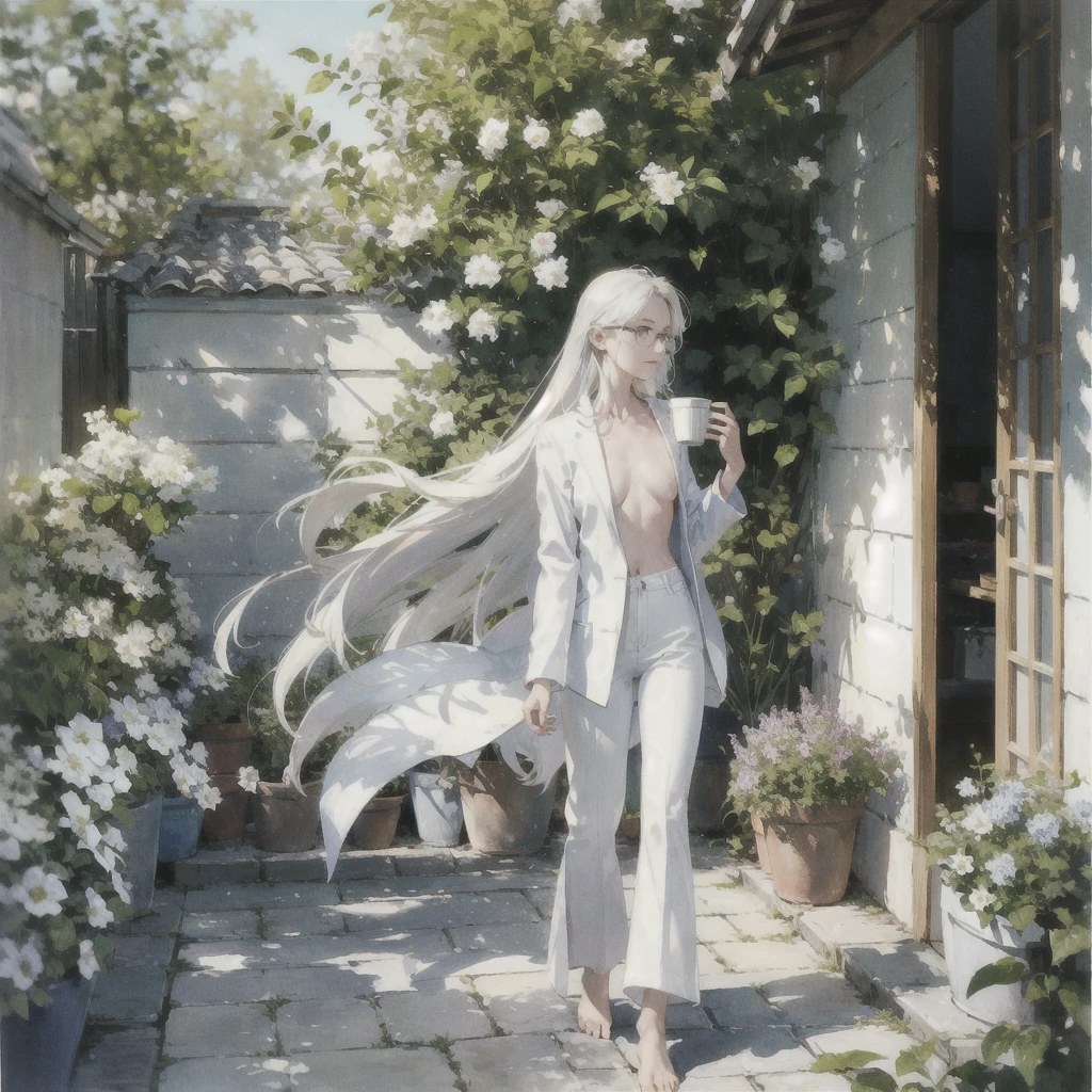 Exquisite slender tender girl of 20 years old with a perfect gentle face with white straight hair with lilac eyes in the rays of the rising sun, naked with tender breasts, barefoot (in white trousers and a white jacket) (in round glasses) drinking on the veranda in the garden (Coffee) and looks at the flowers, in watercolor style, discreet light shades, Flares, imitation of film photography, against the sun, a lot of sun glare, light fills the frame