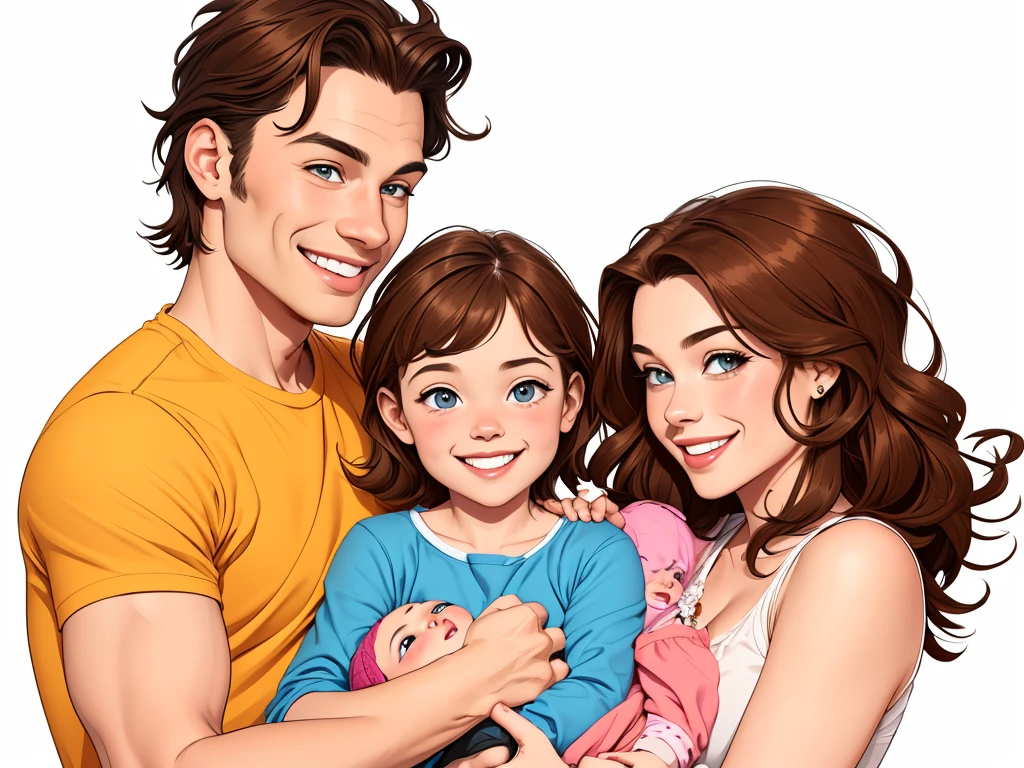 Happy man and woman couple with their baby son with beautiful smile Cartoon style digital illustration white background