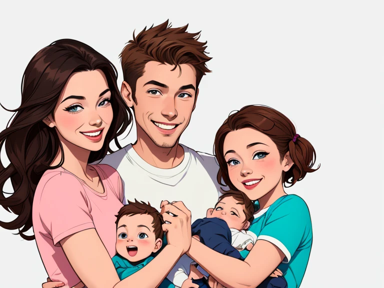 Happy man and woman couple with their son with beautiful smile Cartoon style digital illustration white background