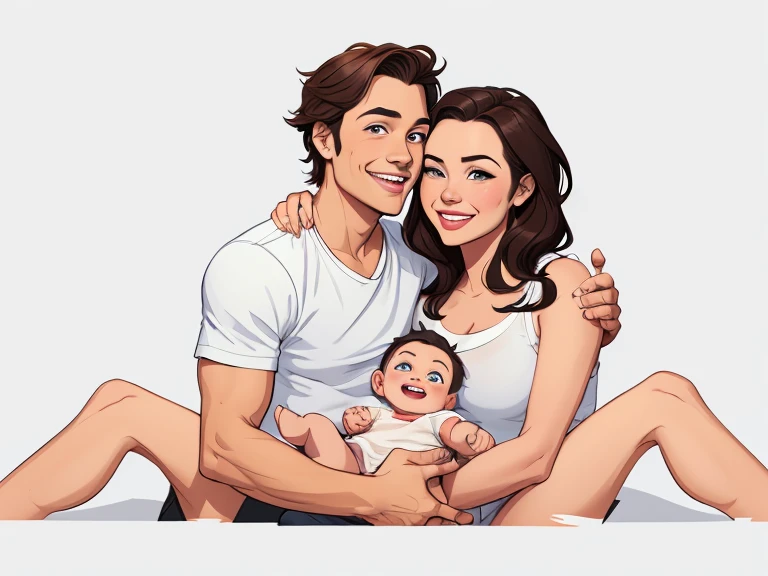 Happy man and woman couple with their baby son with beautiful smile Cartoon style digital illustration white background