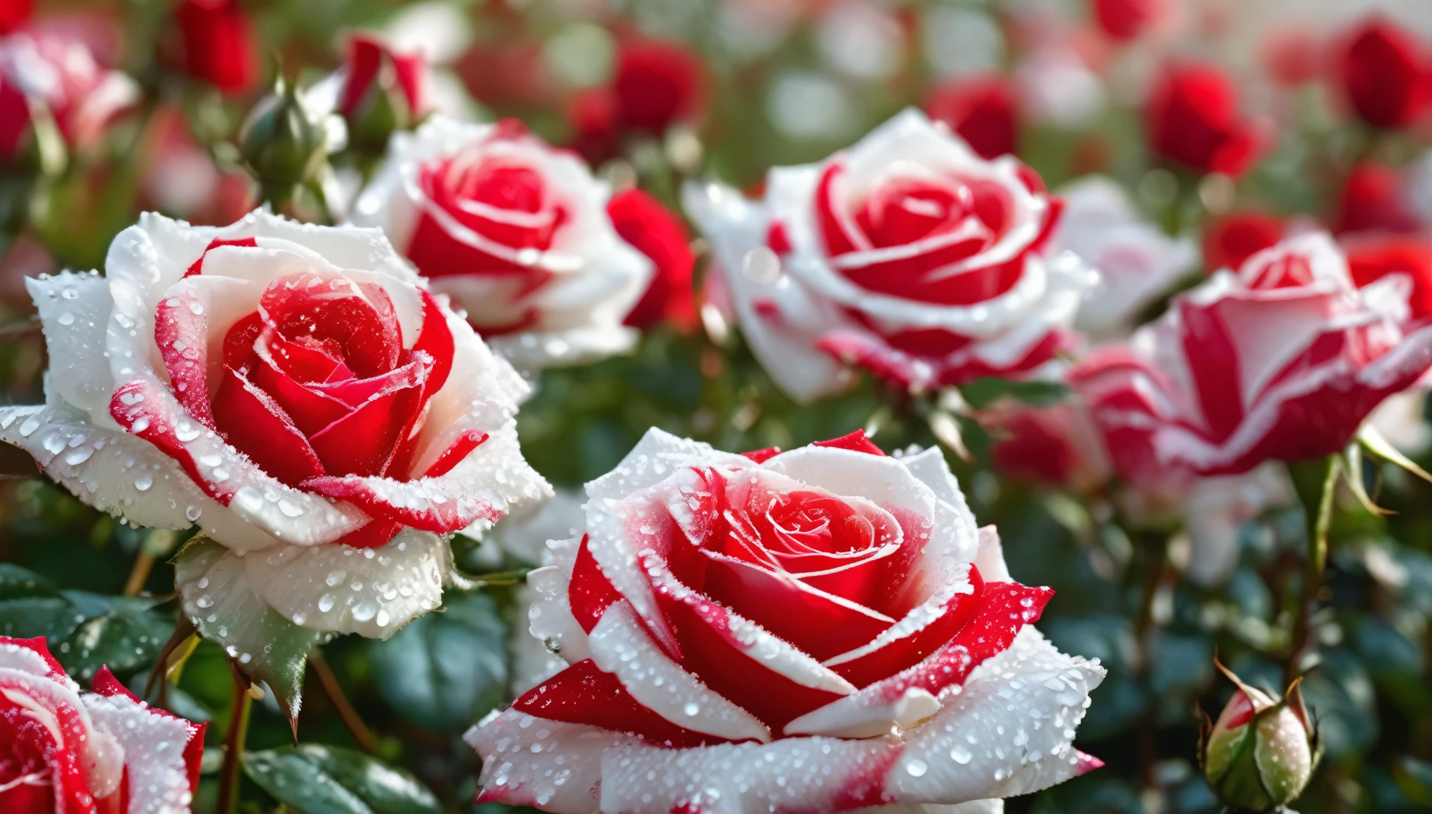 Many red and white color rose flowers in the garden and sunlight with bokeh, dew drops on flower petalasterpiece, ultra quality, high resolution, 8k, intricate: 1.2), (masterpiece), (best quality:1)