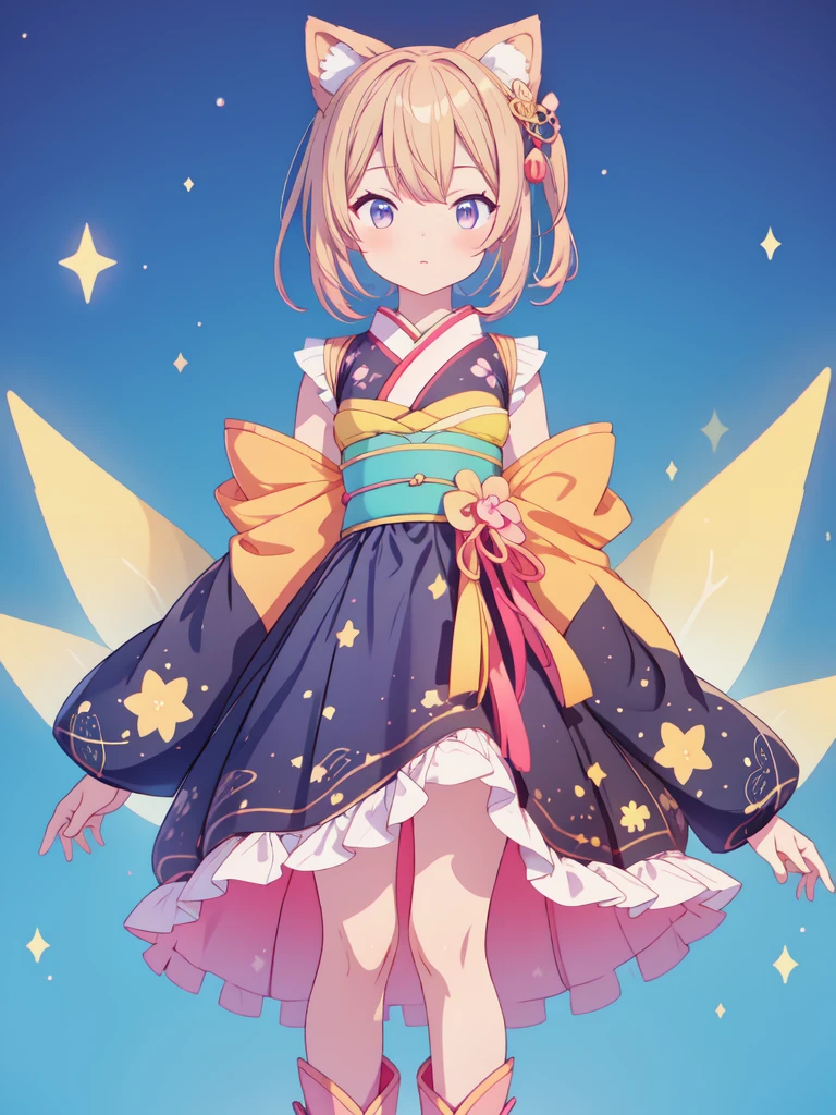 1girl、vtuber-fullbody、Star Fairy、masterpiece、official art、Super detailed、super beautiful、かわいいStar Fairy、white straight short hair、Milky Way、universe、star charm、Star、baby face、Knee-high boots、Japanese pattern dress、A remake of a black and navy yukata、universeを思わせるOiranフリルドレス、Oiran