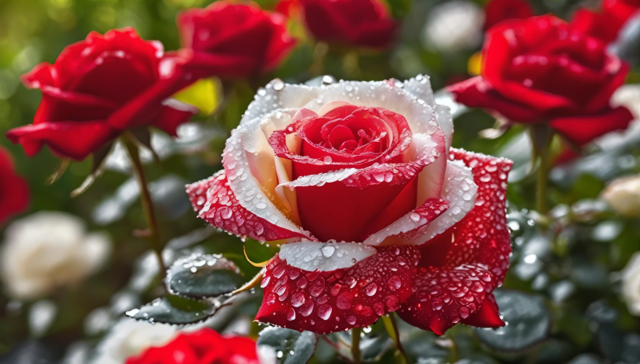 Many red and white color rose flowers in the garden and sunlight with bokeh, dew drops on flower petalasterpiece, ultra quality, high resolution, 8k, intricate: 1.2), (masterpiece), (best quality:1)