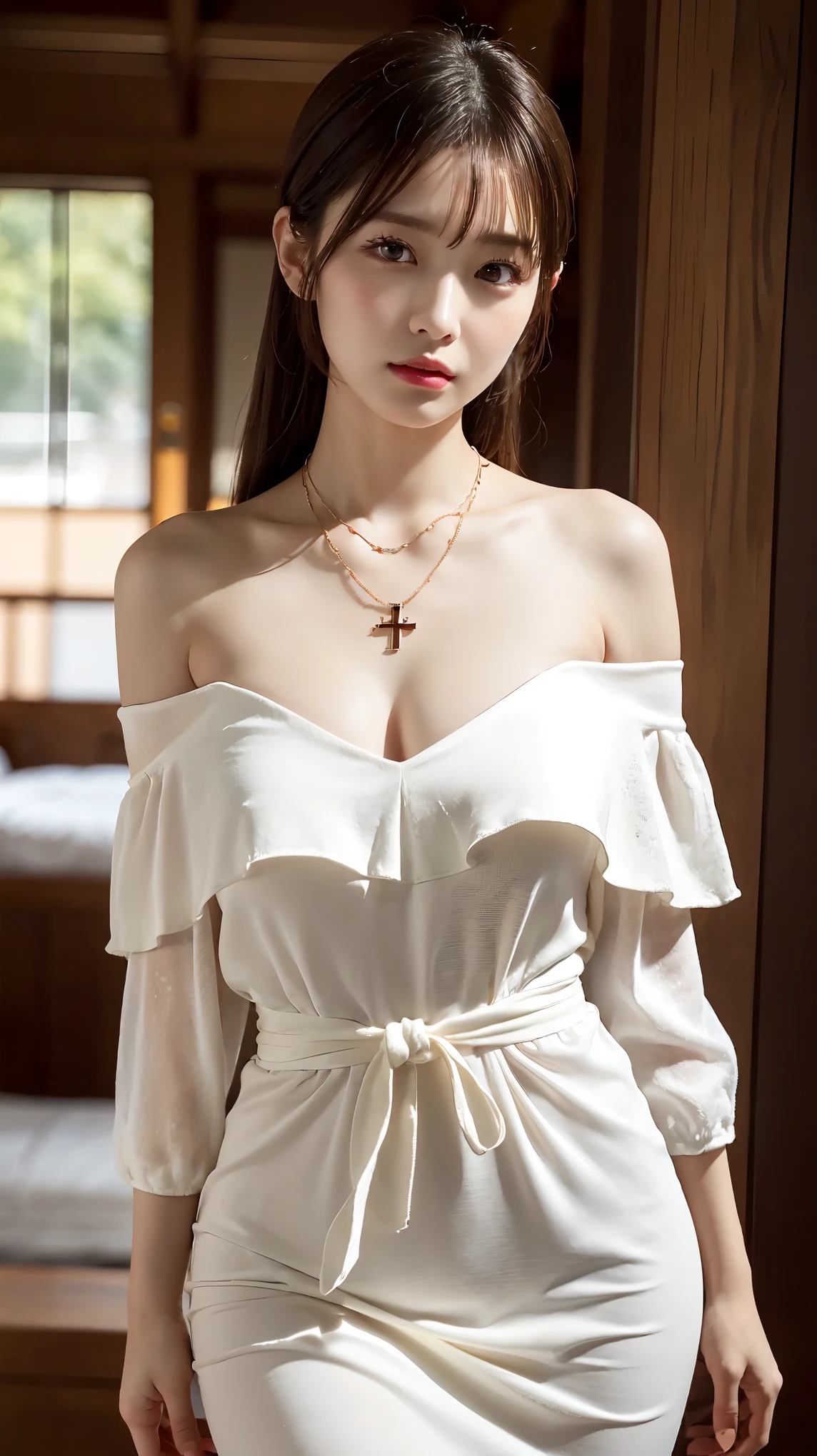 ((realistic)), a young girl, beautiful age girl, White slip dress, draped in silk, cropped shoulders, slim, Slimming the waist, high-heels, Shy, grin, 耳Nipple Ring、choker necklace、Hairpins，Heavy makeup，Gorgeous eye makeup，extremely beautiful eyes, golden hair, curlies, Long flowing hair, simple backgound, Sit Pose, Stairwell, sit on stairs, Cross ed leg, Flirting skirts, posed for photo, posing elegantly, Random shooting angle, warm lights, a warm color palette, Professional lighting, フォトンマッピング, ラジオシティ, Physically-based rendering, RAW photos, Best quality, beauitful face,  Beautiful skins， Attractive， 超高分辨率， ultra real photo