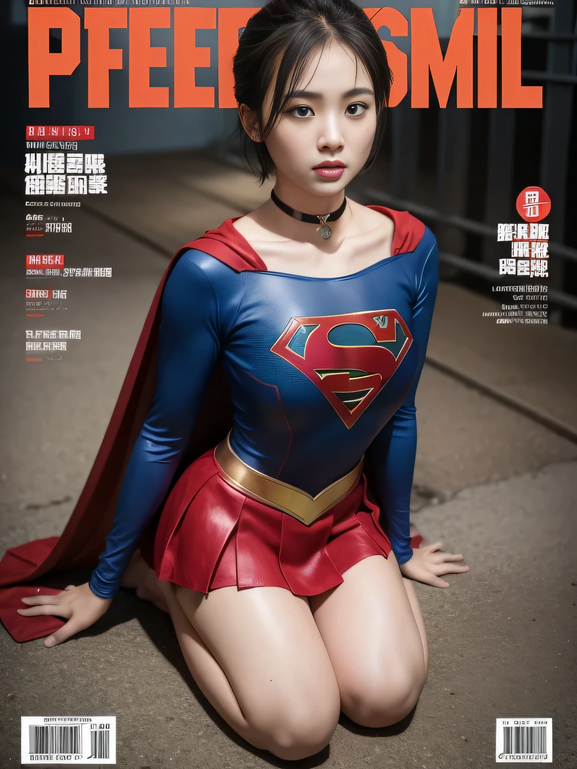 masterpiece、supergirl costume、short hair、barefoot、big and full breasts、Crisis situation、prison、camp、kneel down、sweaty、shiny、look at the camera、provoke、Estrus、choker、Weekly magazine cover、long sleeve、red mini skirt、humiliating、seductive pose、Glamorous、off shoulder、model body shape、Oily Skin、charm、charming、abused、underground imprisonment、