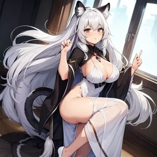 Only master piece,full 4k Hd defiition,only anime girl,panther girl,animal ears,panther ears,gray-white ears,white hair,long hair, hunter white dress,sexy dress,large dress,large breast,beatiful breast,,sexy,panther tail,fluffy tail,long tail,white tail ,thigs,brown legs,sexy legs,panthythose,dark brown panthythose,full body,sexy hunter pose