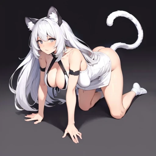 Only master piece,full 4k Hd defiition,only anime girl,panther girl,animal ears,panther ears,gray-white ears,white hair,long hair, hunter white dress,sexy dress,large dress,large breast,beatiful breast,,sexy,panther tail,fluffy tail,long tail,white tail ,thigs,brown legs,sexy legs,panthythose,dark brown panthythose,full body,sexy hunter pose