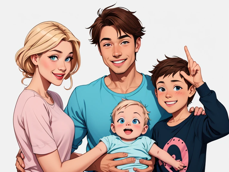 Happy man and woman couple with their baby son with beautiful smile Cartoon style digital illustration white background