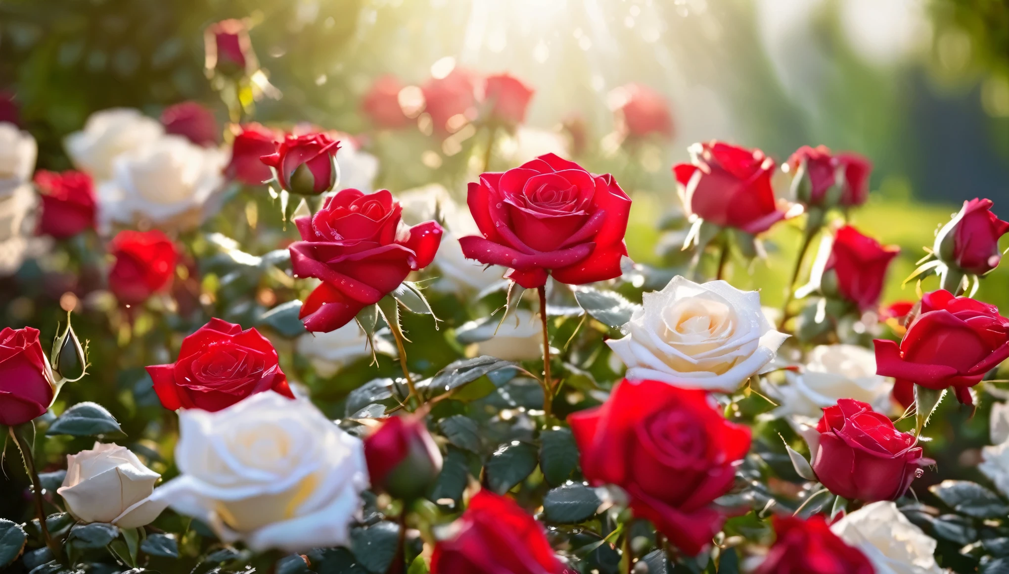 Many red and white color rose flowers in the garden and sunlight with bokeh, dew drops on flower petalasterpiece, ultra quality, high resolution, 8k, intricate: 1.2), (masterpiece), (best quality:1)