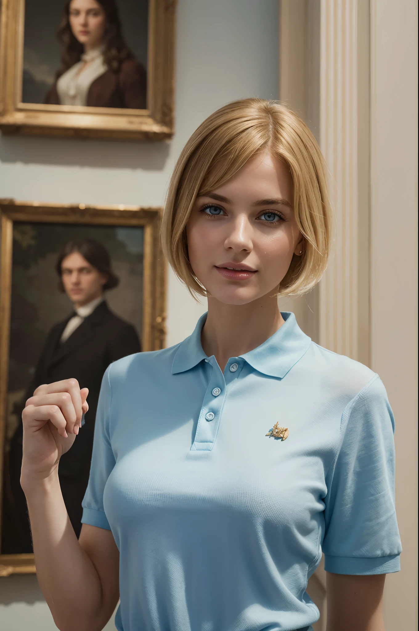 masterpiece, best quality, extremely detailed, hyperrealistic, photorealistic, a beautiful 20s french model, in art museum, in the morning, raising fist, light blue polo shirt:1.2, ultra detailed face, with bangs, blonde hair, pale skin, busty breasts, warm smile:1.1, underboob