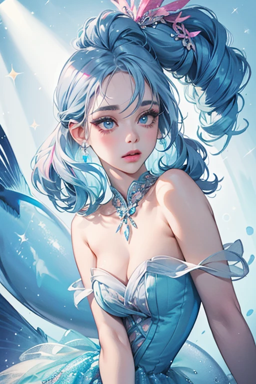 She is a thin pale blue fish with light blue lips, a gray beehive, and top and bottom eyelashes. She wears a hot pink dress. SPARKLE; GLITTER