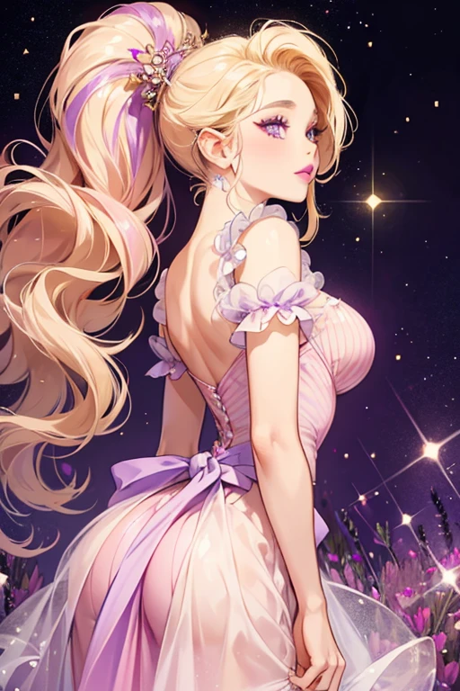 She is colored lavender with purple lips, a blonde beehive, and a light pink dress. She also lacks her bottom eyelashes but still has her top ones. SPARKLE; GLITTER