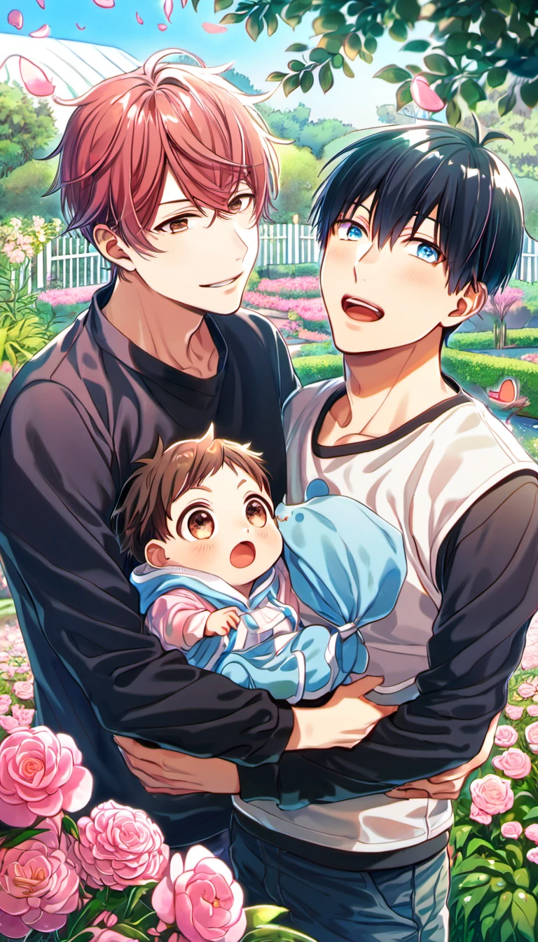 absurdres, highres, ultra detailed, HDR, masterpiece, Uenoyama Ritsuka, black hair, expressive blue eyes, Given, Sato Mafuyu, pink-brown hair, expressive brown eyes, 2men together, holding a baby, gay couple, handsome, garden, pink petals, pink flowers, pink butterflies