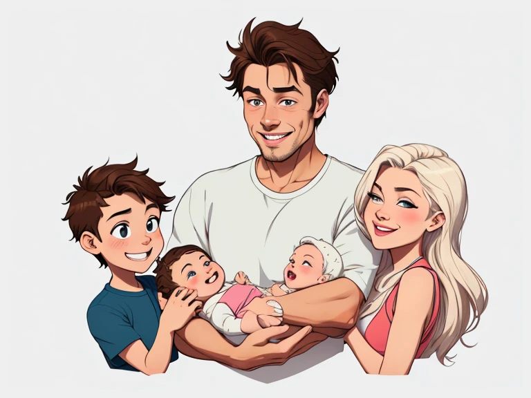 Happy man and woman couple with their son with beautiful smile Cartoon style digital illustration white background with their Siberian Rask dog