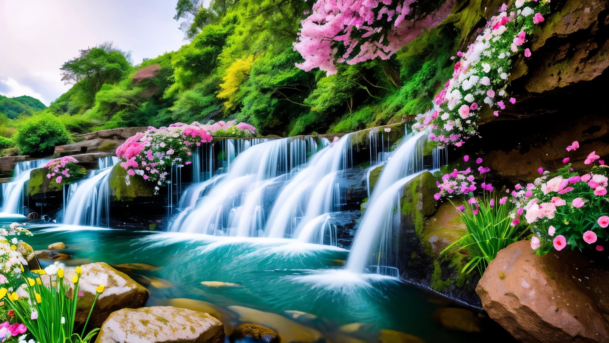 a close up of a waterfall with a bunch of flowers on it, flowers and waterfalls, peaceful beautiful waterfall, beautiful stunning waterfall, waterfalls and lakes, beautiful waterfall, stunning waterfall, floating waterfalls, beautiful nature, lakes and waterfalls, pink waterfalls, waterfall backdrop, with waterfalls and river, cascading, waterfalls, cascading waterfalls, beautiful wallpaper, stunning scene