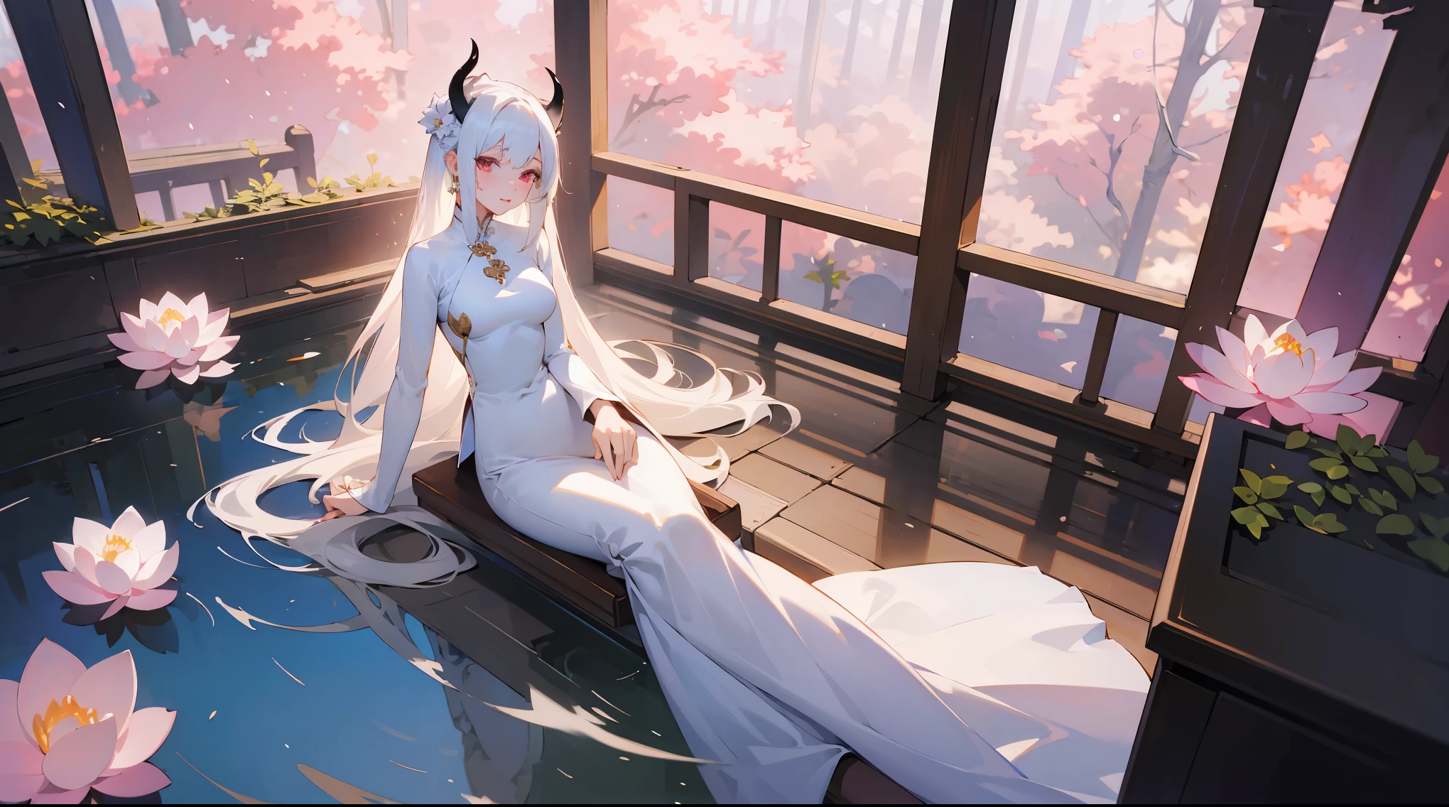 (best quality,highres,masterpiece:1.2),(flatten art:0.75), masterpiece, best quality, 1woman, Anime, darker environment, white horns, long straight white hair, white ao dai, white tail, medium-sized breast, enticing, night, dark, pink lotus pool, looking at viewer, solo, faint moonlight, seducing the viewer