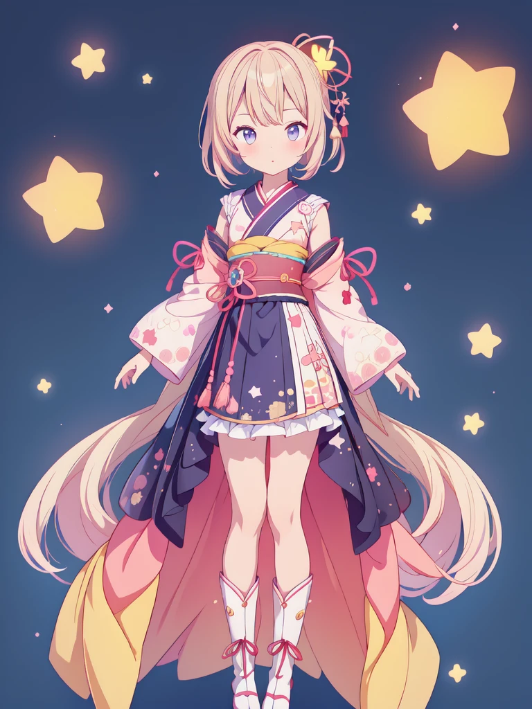 1girl、vtuber-fullbody、Star Fairy、masterpiece、official art、Super detailed、super beautiful、かわいいStar Fairy、white straight short hair、Milky Way、universe、star charm、Star、baby face、Knee-high boots、Japanese pattern dress、A remake of a black and navy yukata、universeを思わせるOiranフリルドレス、Oiran