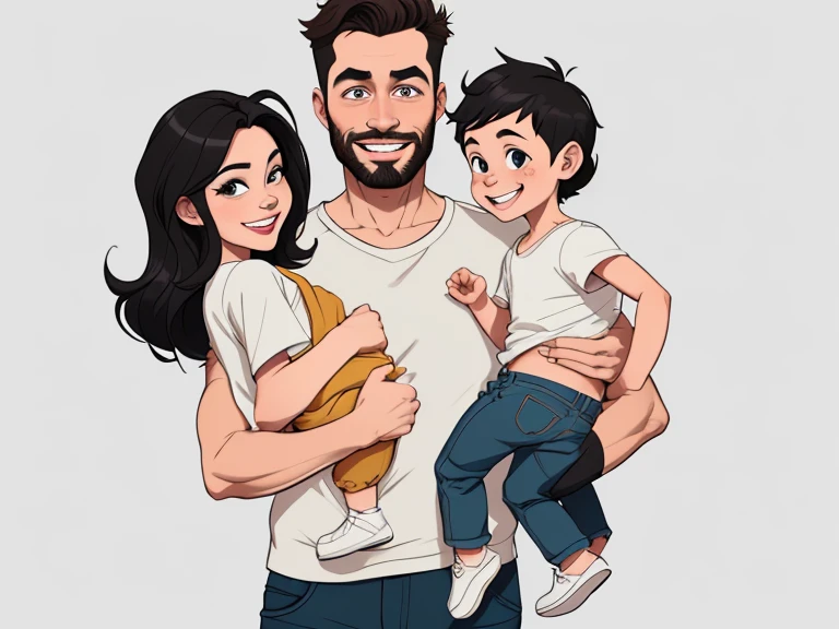 Couple of man with black hair and beard and woman with their son happy with beautiful smile Cartoon style digital illustration white background