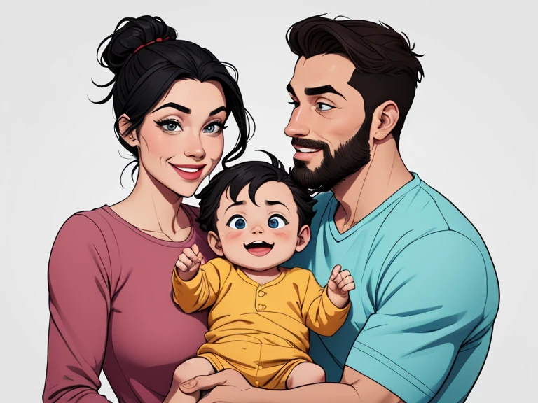 Couple of man with black hair and beard and woman with their baby son happy with beautiful smile Cartoon style digital illustration white background 