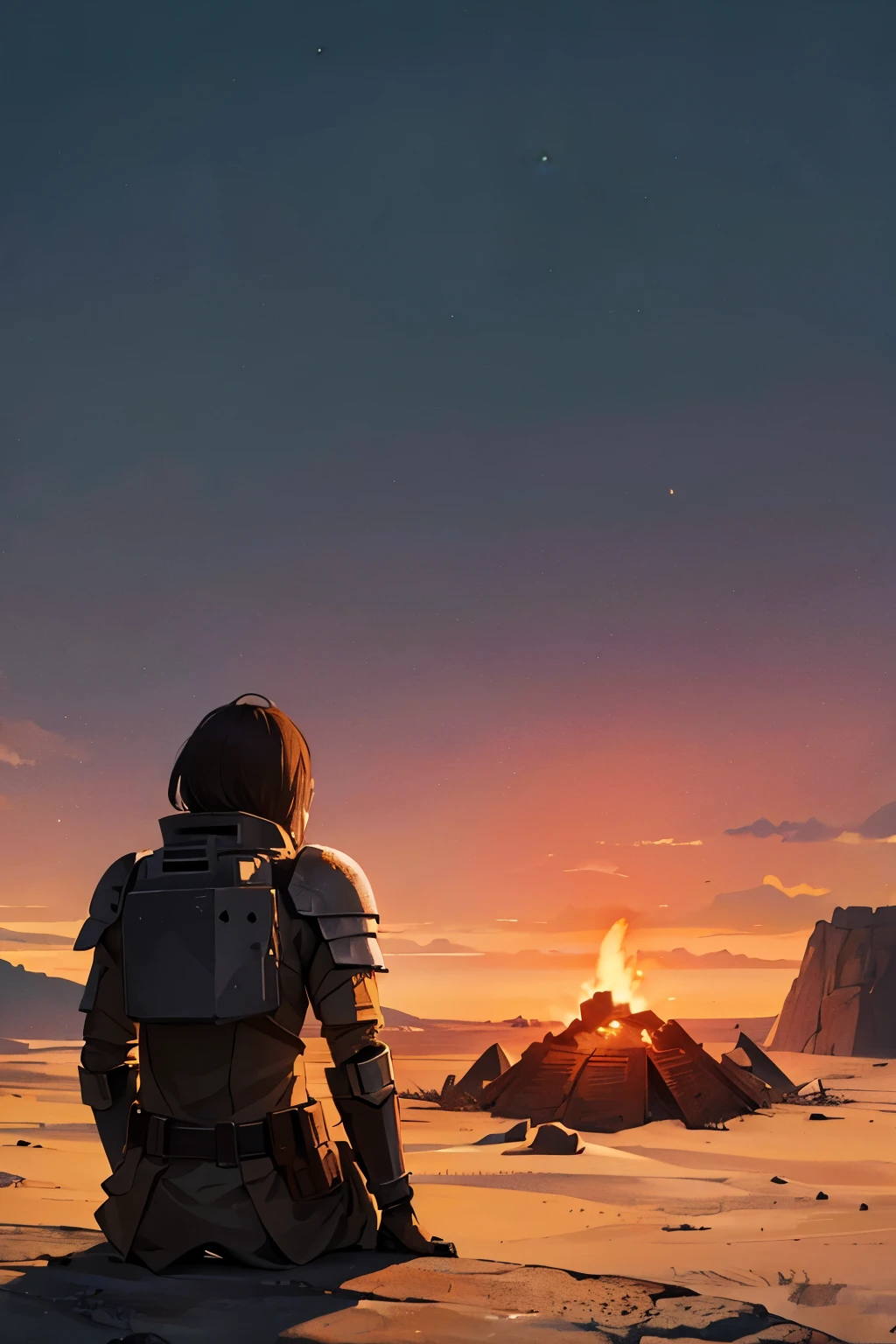 masterpiece, best quality, , survivor, heavy armor, view from behind, looking at the horizon, desolate planet, at night, next to a campfire
