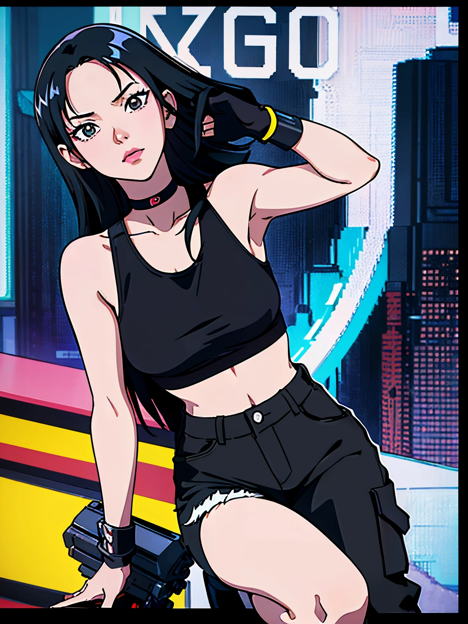 digital art drawing, illustration of (karina from k-pop group aespa, girl, long black hair middle part, brown eyes, wearing a black choker on her neck, white tank top, baggy black cargo pants, cyberpunk 2077), anime drawing/art, bold linework, illustration, digital art, masterpiece, flat illustration, no shadows, 8k resolution, high detail, vector art, only anime, perfect eyes, perfect hands, sharpness, high clarity, medium close up, high fidelity
