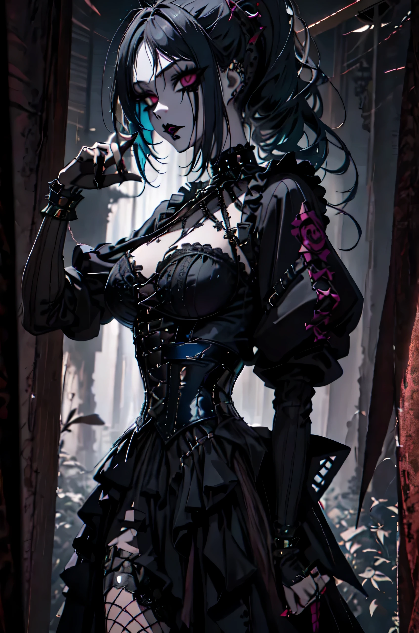 Punk tradition,goth subculture,Makeup Punk,Post-punk,goth girl,upper body portrait,PVC corset with rivets
