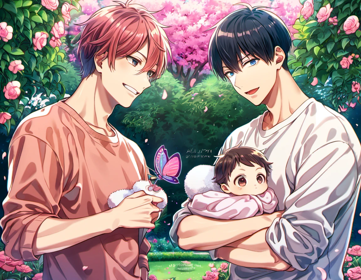 absurdres, highres, ultra detailed, HDR, masterpiece, Uenoyama Ritsuka, black hair, expressive blue eyes, Given, Sato Mafuyu, pink-brown hair, expressive brown eyes, 2men together, holding a baby, gay couple, handsome, garden, pink petals, pink flowers, pink butterflies