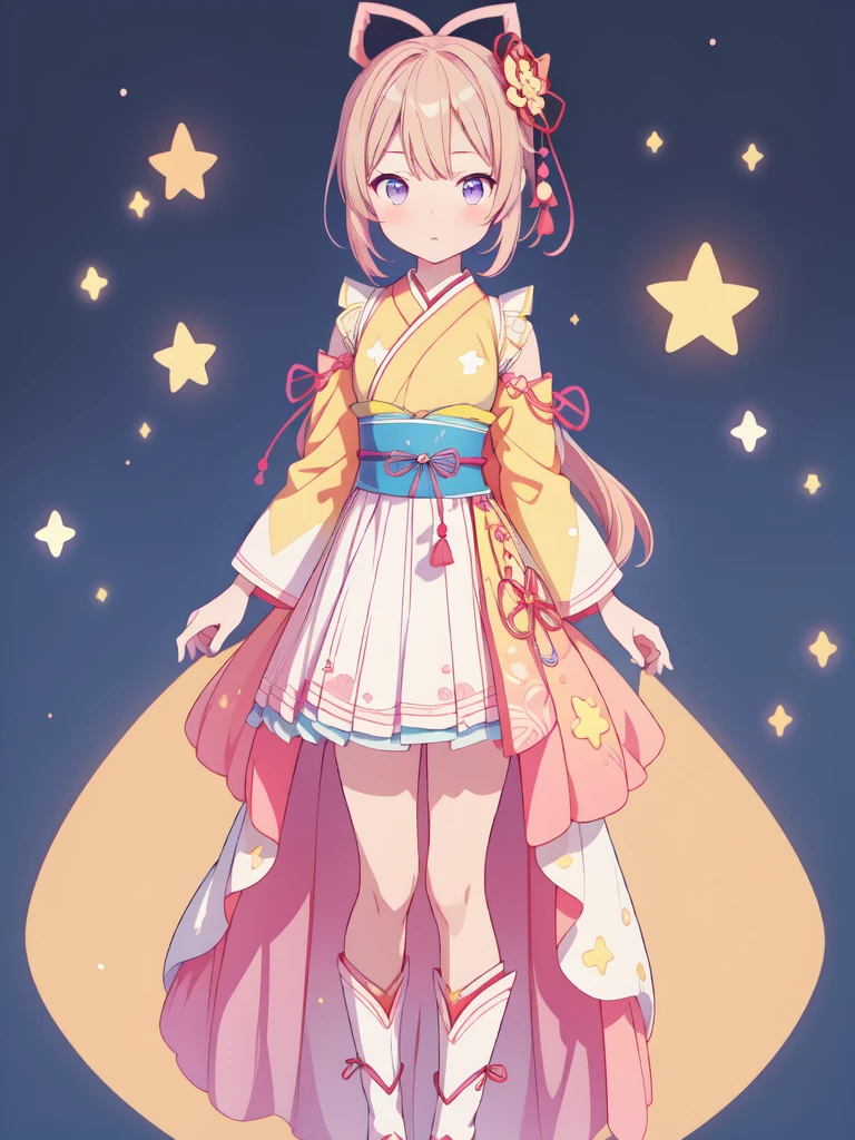 1girl、vtuber-fullbody、Star Fairy、masterpiece、official art、Super detailed、super beautiful、かわいいStar Fairy、white straight short hair、Milky Way、universe、star charm、Star、、Knee-high boots、Japanese pattern dress、A remake of a black and navy yukata、universeを思わせるOiranフリルドレス、Oiran