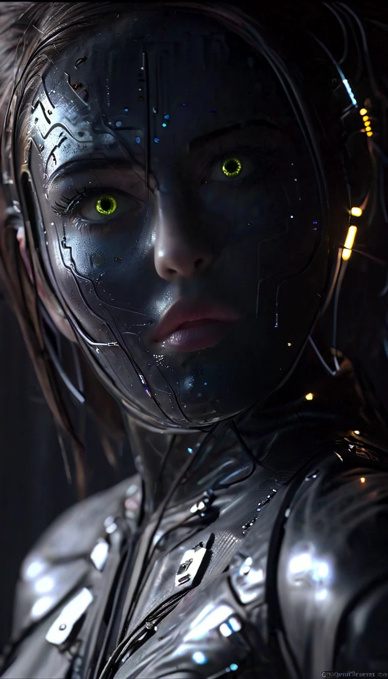 battle damage , missing arm ,bright yellow eyes, ultra-detailed,vibrant colors,sci-fi,portrait,dramatic lighting,detailed facial features,dark background,long hair,glowing eyes,futuristic clothing,expressionless face,metallic texture,bright highlights,high contrast,radiant colors,artificial intelligence theme,sharp focus,technological elements,shadows and highlights,ethereal glow,neon lights,stormy atmosphere,otherworldly setting,unconventional composition,sharp lines,sleek design,mysterious atmosphere,unearthly beauty,digital enhancements,advanced technology,glowing circuitry,abstract background,ominous presence,subtle reflections,energetic pose,unique perspective,foreshortening effect,symmetrical composition,imposing presence,dynamic energy,striking visual impact,translucent overlays,organic and mechanical fusion.