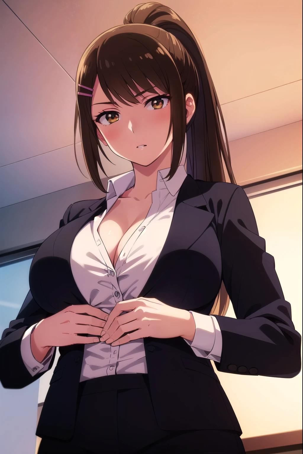 highest quality, masterpiece, High resolution, 1 girl, sae chabashira, (30 year old adult woman:1.5), (Upper body), long hair, (black髪:1.5), hair ornaments, (brown eyes:1.5), ponytail, hair clip, clavicle, (Jacket:1.5), (white shirt:1.5), formal, (black_suit:1.5), (detailed and beautiful eyes:1.6), highly detailed face, perfect lighting, Very detailed CG, (perfect hands, perfect anatomy), (blush), big, classroom, (Hold the breast from below:1.5), (white shirt:1.5), (open chest:1.5), (big胸:1.5),(Chest centered)