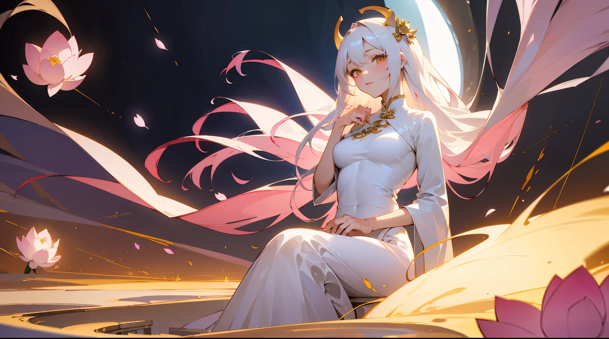 (best quality,highres,masterpiece:1.2),(flatten art:0.75), masterpiece, best quality, 1woman, Anime, darker environment, white horns, long straight white hair, golden hair ornaments, white ao dai, dragon eyes, medium-sized breast, enticing, night, dark, pink lotus pool, looking at viewer, solo, faint moonlight, seducing the viewer