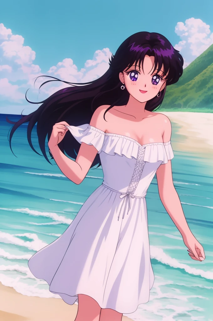 1990s \(style\), masterpiece, best quality, highres, outdoors, small breasts, 1 girl, Solo, Rei Hino, Purple Eyes, Beautiful Detail Eyes, Long Black Hair, Straight Hair, Good hands are down, Smile, Blushing, Bare Neck, Bare Shoulders, strapless, White Ruffle Off-the-Shoulder maxi dress. Pearl earrings. Cowboy shot. A landscape of blue skies, pirate ship A little far away, an ocean with a beach. In the center. Looking at the viewers. Smile