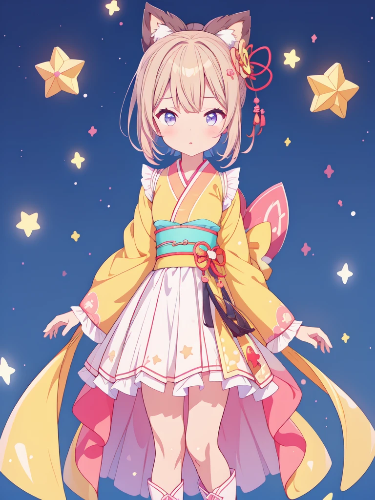 1girl、vtuber-fullbody、Star Fairy、masterpiece、official art、Super detailed、super beautiful、かわいいStar Fairy、white straight short hair、Milky Way、universe、star charm、Star、baby face、Knee-high boots、Japanese pattern dress、A remake of a black and navy yukata、universeを思わせるOiranフリルドレス、Oiran