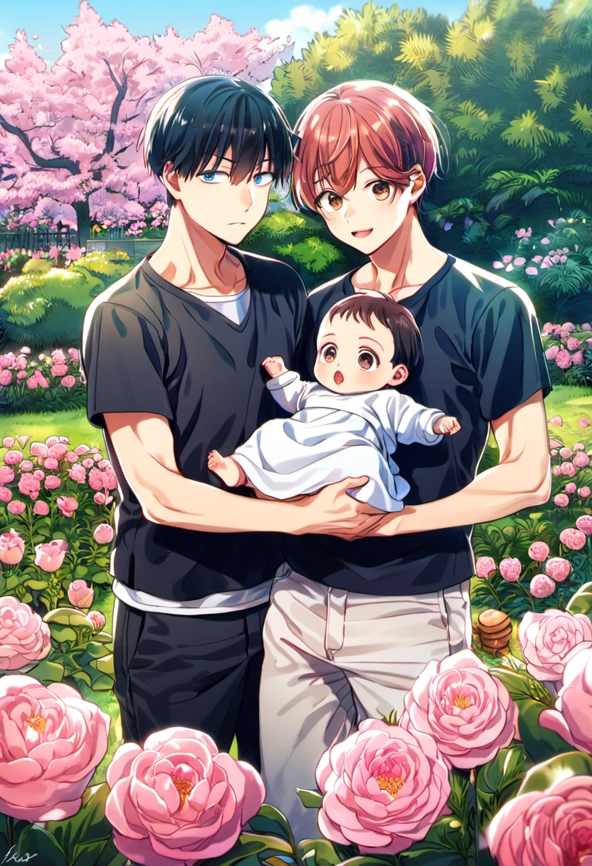 absurdres, highres, ultra detailed, HDR, masterpiece, Uenoyama Ritsuka, black hair, expressive blue eyes, Given, Sato Mafuyu, pink-brown hair, expressive brown eyes, 2men together, holding a baby, gay couple, handsome, garden, pink petals, pink flowers, pink butterflies